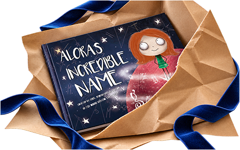 A personalised book, My Incredible Name, unwrapped from brown paper and ribbon